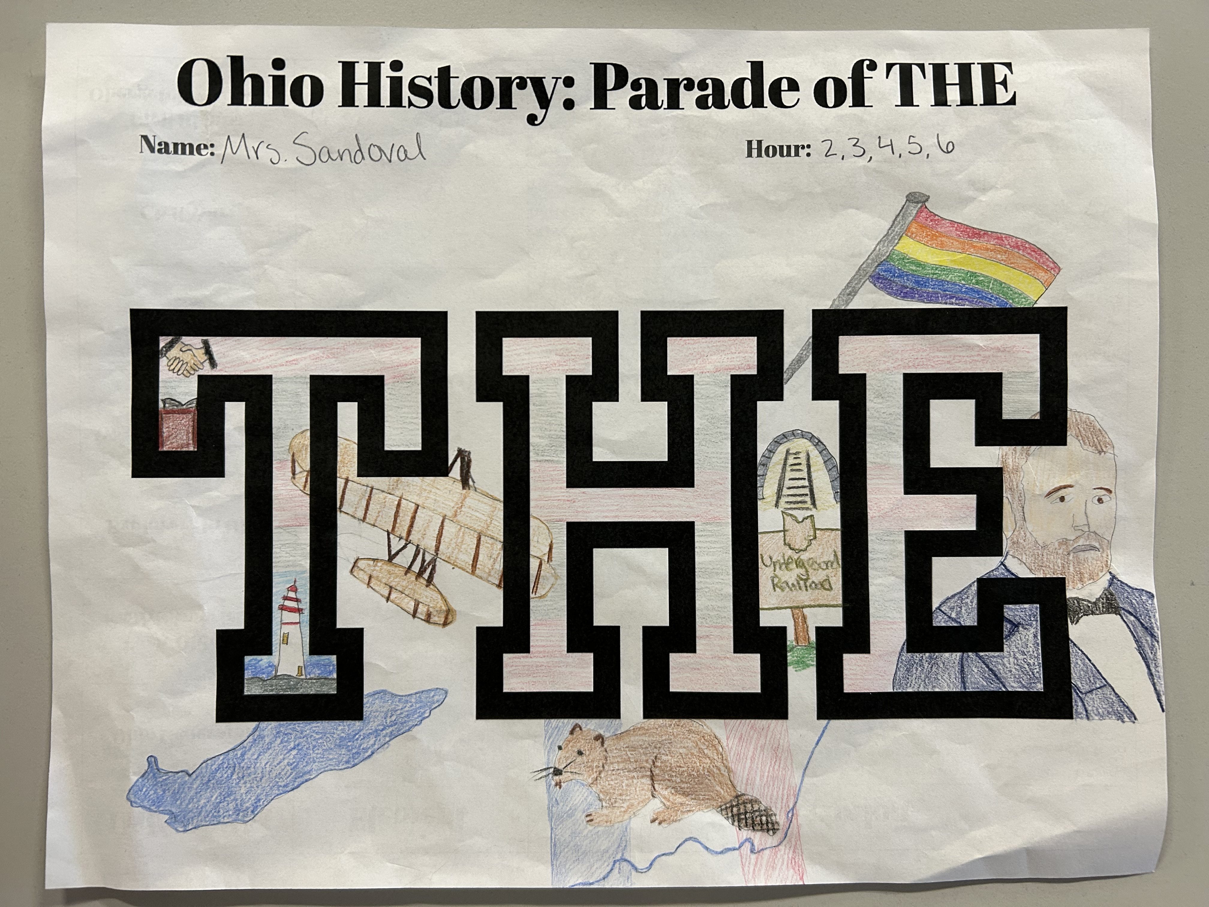 'Ohio History: Parade of THE.' Illustrations include a map of Ohio, a beaver by water, a Wright brothers-style airplane, a historical marker for the Underground Railroad and a rainbow flag. Teacher's name and class hours are listed on the right